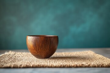 Poster - Wooden bowl on a burlap placemat against a teal background.