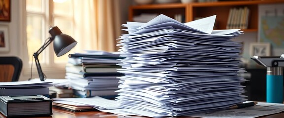 Wall Mural - Overwhelmed by a towering stack of papers on a desk, efficiency, desk