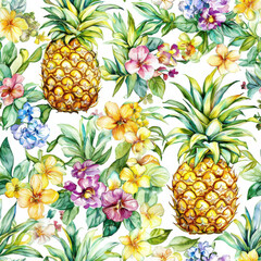 Wall Mural - Bright pineapples and tropical florals create cheerful pattern in summer