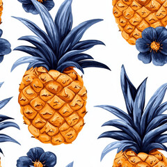 Wall Mural - Bright pineapples and tropical florals in cheerful pattern in summer