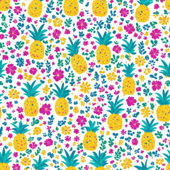 Wall Mural - Bright pineapples and tropical florals in cheerful pattern in summer
