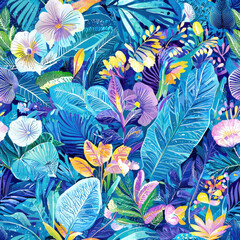 Wall Mural - Vibrant seamless pattern with tropical leaves and flowers in summer