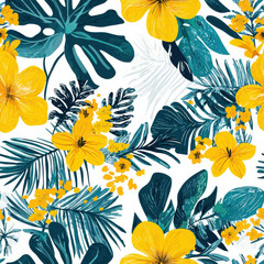 Wall Mural - Bright floral pattern with tropical leaves and yellow flowers in summer
