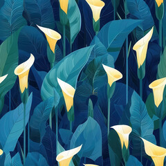 Wall Mural - Vibrant Datura flowers with lush tropical leaves seamless pattern in summer