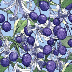 Wall Mural - Exotic berries and flowers in seamless tropical pattern in summer