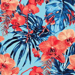 Wall Mural - Vibrant tropical pattern with blue leaves and red orchids in summer