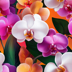 Wall Mural - Vibrant seamless pattern of orchids with lush green leaves in summer