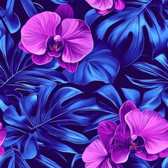 Wall Mural - Vibrant seamless pattern of orchids and tropical leaves in summer