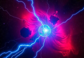 Wall Mural - electric blue currents arc through a crimson nebula, stars scattered like diamond dust, ethereal, sc