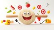 © ULFAITA - Cartoon pizza dough with happy face, surrounded by pizza toppings and utensils