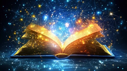 Wall Mural - magical open book with glowing particles and cosmic connections