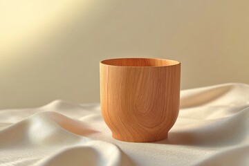 Poster - Empty wooden drinking cup on a soft fabric surface.