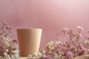 Poster - Empty light wooden cup surrounded by delicate flowers.