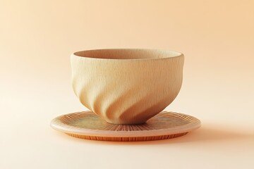 Poster - Empty light beige wooden bowl on a light beige coaster.