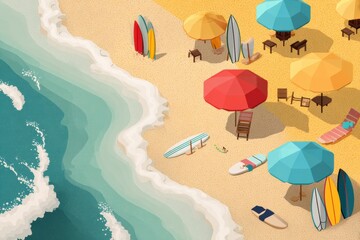 Aufkleber - Summer Beach With Colorful Umbrellas and Surfboards Inviting Relaxation and Fun by the Waves Generative AI