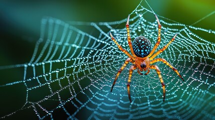 Vibrant spider in intricate web with dew drops