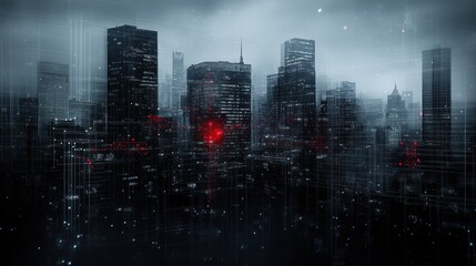 Futuristic cityscape digital network data flow glowing lines technology background