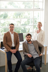 Poster - Business people, smile and teamwork portrait in office with career confidence, startup pride or creative. Collaboration, designer and happy at advertising agency for project management or partnership