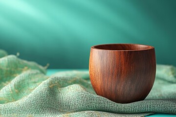 Poster - Empty wooden bowl resting on a teal fabric surface.