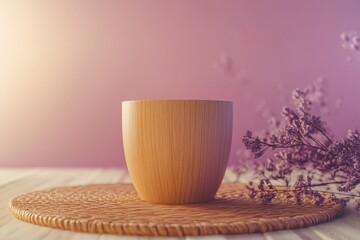 Poster - Light-filled, wooden cup, resting on a woven mat, soft purple background.