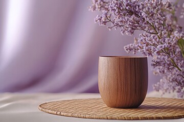 Poster - A wooden cup sits on a woven placemat, beside purple flowers.