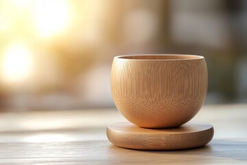 Poster - Simple wooden cup resting on a wooden coaster.