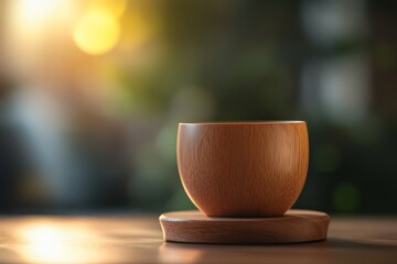 Poster - Wooden cup on a coaster in warm sunlight.