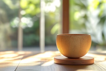 Poster - Empty wooden bowl on a wooden surface by a window.