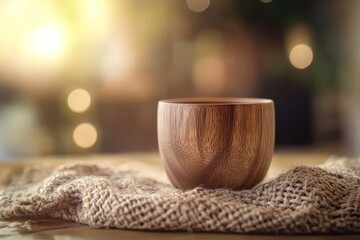 Poster - Wooden bowl resting on a textured cloth backdrop.