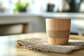 Poster - Wooden cup resting on a woven placemat in a bright kitchen.