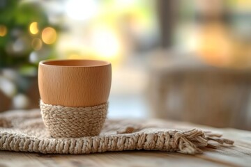 Poster - Close-up of a light-brown wooden cup on a woven textile surface.