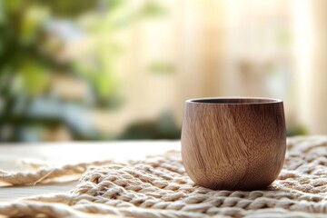 Poster - Wooden cup on a woven placemat in a sunlit space.