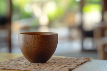 Poster - Empty wooden bowl on a woven placemat.