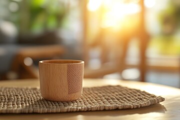 Poster - Wooden cup on a textured placemat in a sunlit room.