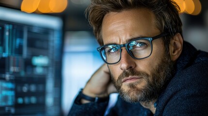 pensive developer immersed in code analysis with focused expression and tech backdrop