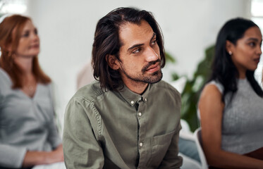 Aufkleber - Business man, conference and listening with crowd in boardroom for training, development or career growth. People, workshop and audience with diversity, group or thinking with team at startup company