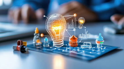 Leinwandbilder - Glowing light bulb surrounded by digital icons represents innovation and entrepreneurship in modern workspace. scene conveys creativity and futuristic technology