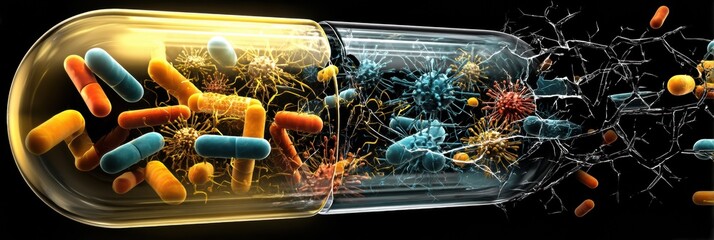 Aufkleber - Symbolic Representation of a Cracked Antibiotic Pill Revealing Shielded Bacteria and the Struggle Against Infection Pathways Generative AI