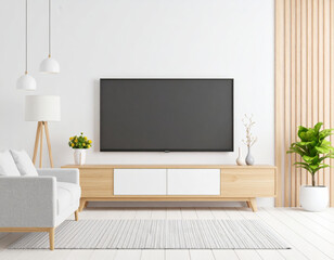  modern living room featuring sleek television mounted on light wall, complemented by stylish wooden cabinet, cozy sofa, and decorative plants, creating serene atmosphere