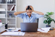 © David - Stress, anxiety or headache of business asian woman working on laptop online report, proposal or copywriting at workplace office desk Burnout, frustrated corporate worker with problem, fail or error.