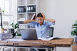 © David - Stress, anxiety or headache of business asian woman working on laptop online report, proposal or copywriting at workplace office desk Burnout, frustrated corporate worker with problem, fail or error.