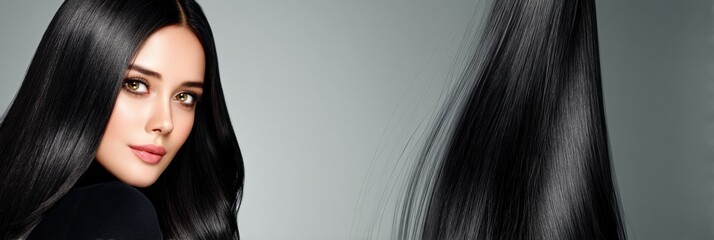 Poster - Woman Showcases Her Long, Straight, Shiny Black Hair With Elegance and Confidence in a Minimalist Studio Setting Generative AI