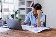 © David - Stress, anxiety or headache of business asian woman working on laptop online report, proposal or copywriting at workplace office desk Burnout, frustrated corporate worker with problem, fail or error.