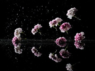Wall Mural - Pink and white carnations in mid-air, reflected on a dark surface, with water droplets.