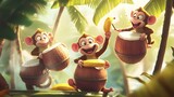 Playful monkeys playing musical instruments in a tropical setting.