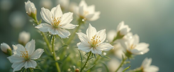 Leinwandbilder - Elegant white flowers glistening with morning dew in a serene garden setting