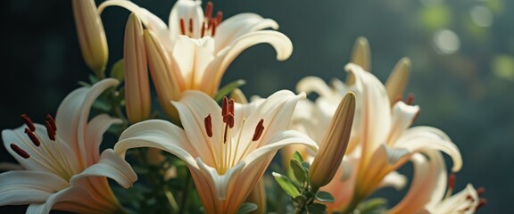 Leinwandbilder - Elegant Pale Peach Lilies Blooming in Soft Sunlight