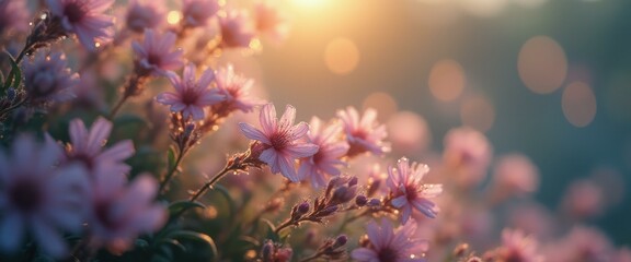 Leinwandbilder - Delicate pink wildflowers bloom softly in golden light, creating a warm, dreamy atmosphere.
