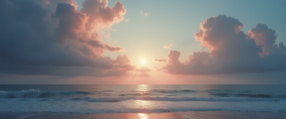 Poster - Sunrise over tranquil sea with pink clouds, reflecting on wet beach sand