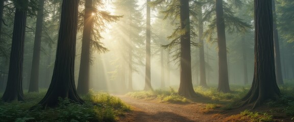 Aufkleber - Forest path with sun rays shining through the trees, creating a serene and ethereal atmosphere perfect for backgrounds.